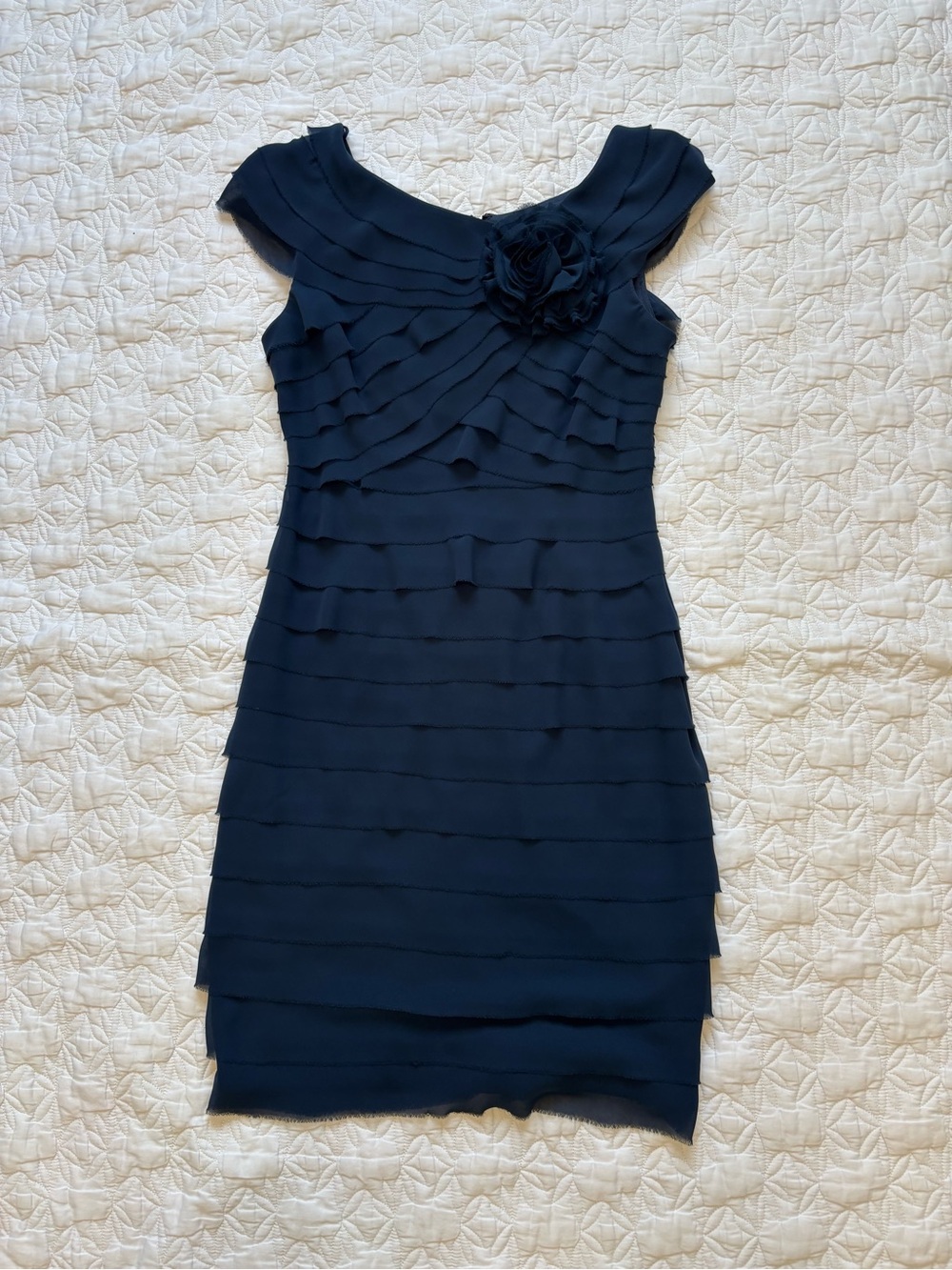 London Times Navy Layered Midi Dress with Rosette